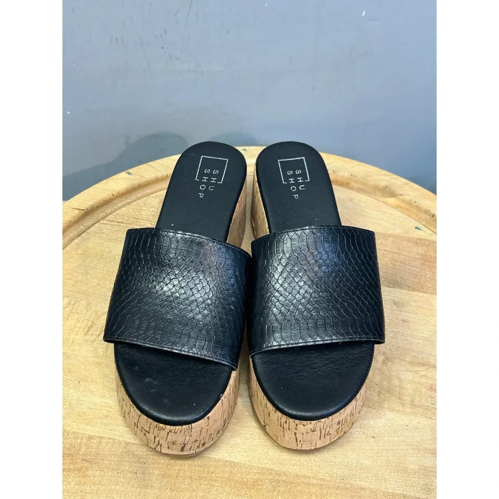 Shu Shop Platform Slides Womens 7.5‎ Black Milagros Snakeskin Cork Wedge Sandals